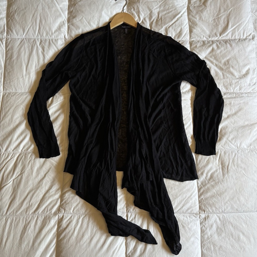 Eileen Fisher Semi-Sheer Hemp Nylon Open Front Cardigan High-Low Womens M Black